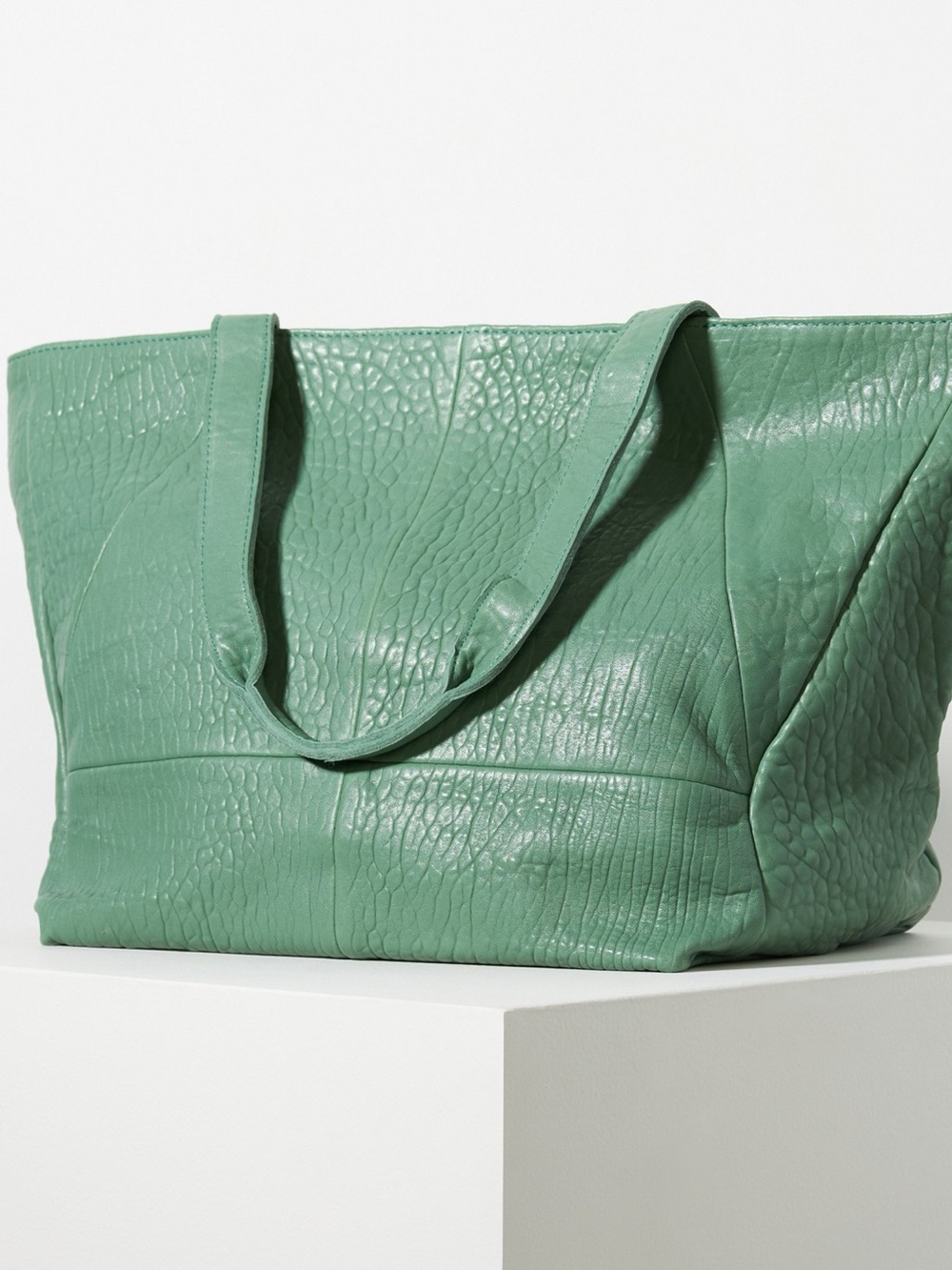 Anthropologie Green Textured Leather Tote Bag Slouchy Shoulder Bag